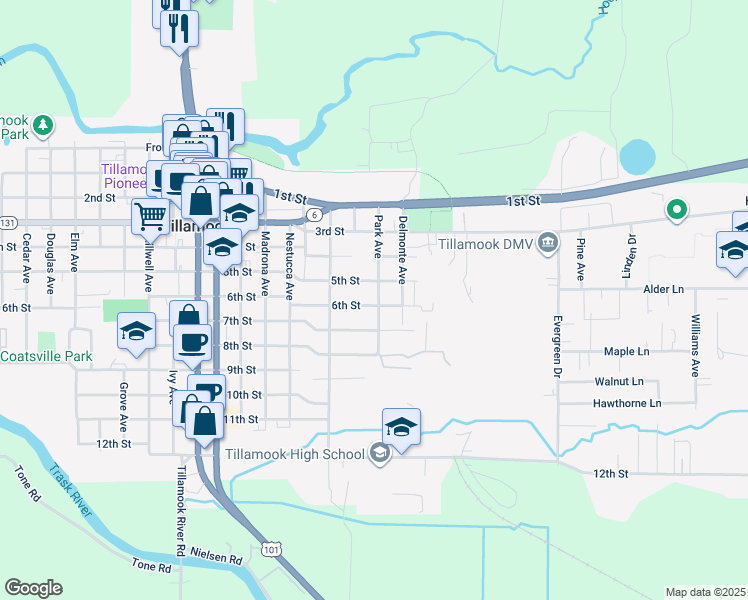 map of restaurants, bars, coffee shops, grocery stores, and more near 2517 5th Street in Tillamook