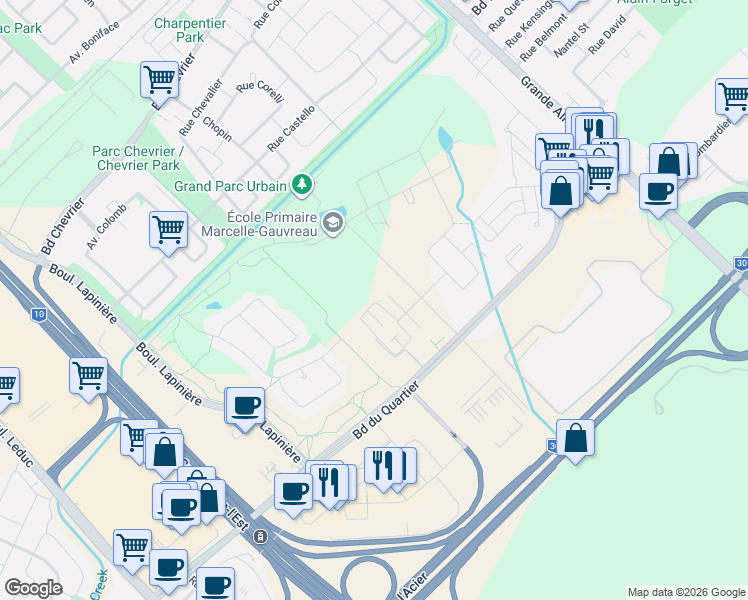 map of restaurants, bars, coffee shops, grocery stores, and more near 6300 Rue de Chambéry in Brossard