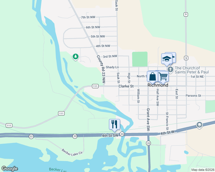 map of restaurants, bars, coffee shops, grocery stores, and more near 530 Main Street West in Richmond