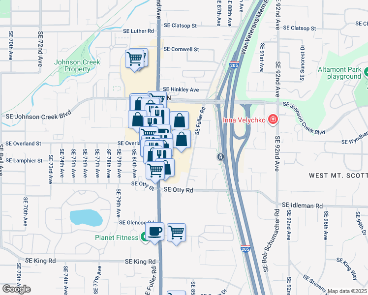 map of restaurants, bars, coffee shops, grocery stores, and more near 9450 Southeast 82nd Avenue in Portland