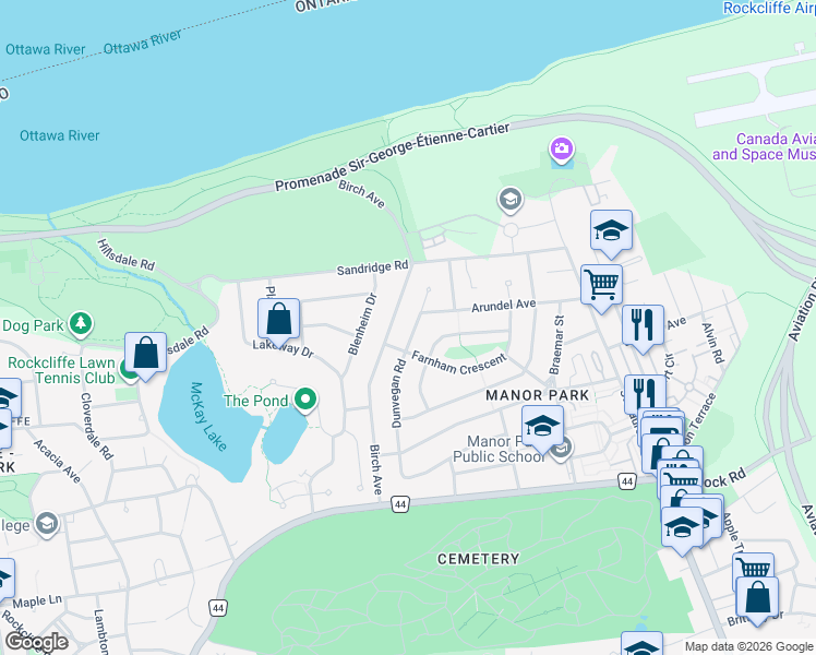 map of restaurants, bars, coffee shops, grocery stores, and more near 20 Dunvegan Road in Ottawa