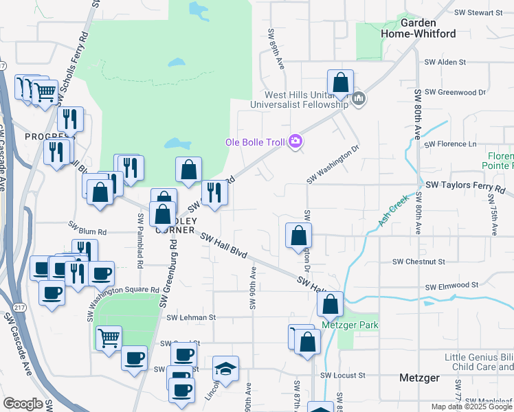 map of restaurants, bars, coffee shops, grocery stores, and more near 9054 Southwest 91st Avenue in Portland