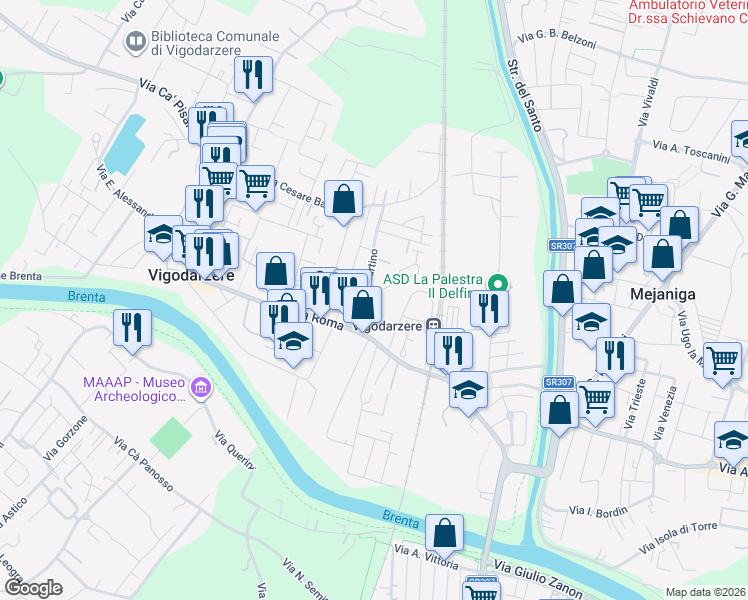 map of restaurants, bars, coffee shops, grocery stores, and more near 3 Via Venezia in Vigodarzere