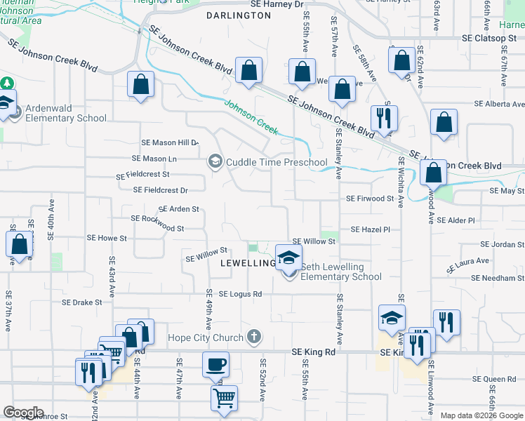 map of restaurants, bars, coffee shops, grocery stores, and more near 5256 Southeast Winsor Court in Milwaukie
