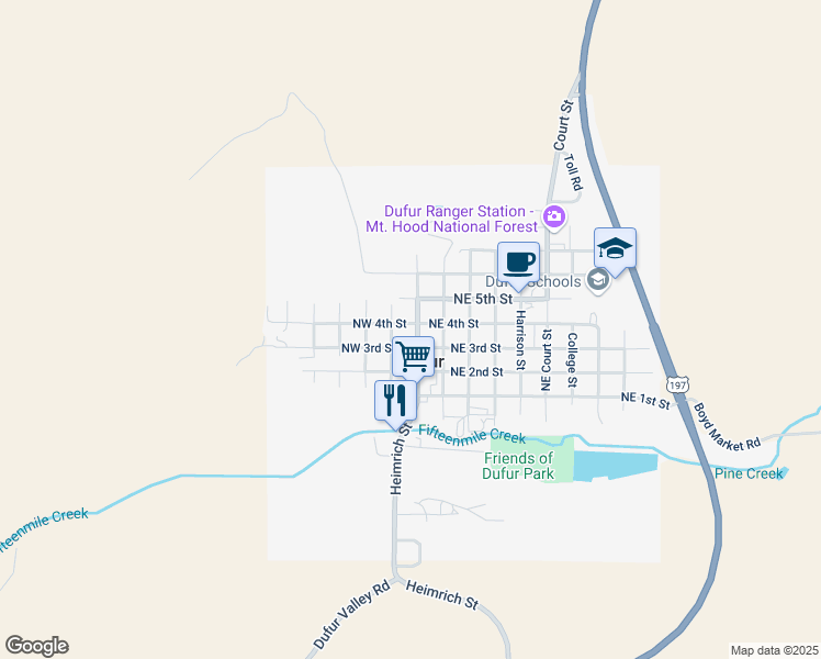 map of restaurants, bars, coffee shops, grocery stores, and more near 381 Main Street in Dufur