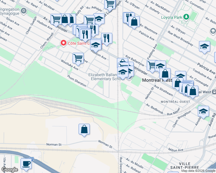 map of restaurants, bars, coffee shops, grocery stores, and more near 65 Roxton Crescent in Montreal West