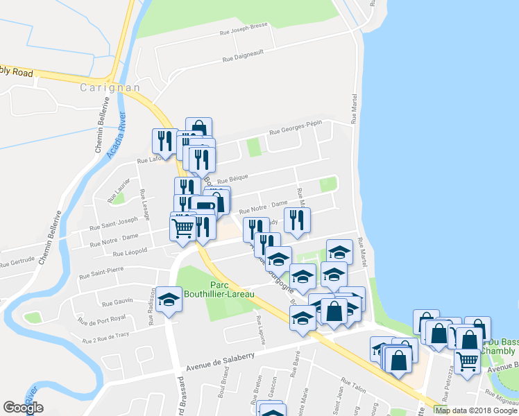 map of restaurants, bars, coffee shops, grocery stores, and more near 303 Rue Notre Dame in Chambly