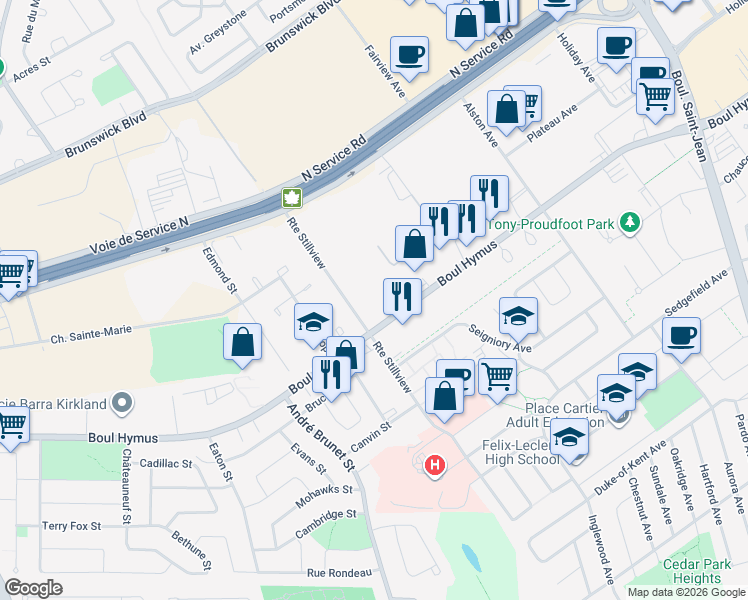 map of restaurants, bars, coffee shops, grocery stores, and more near 329 Boulevard Hymus in Pointe-Claire