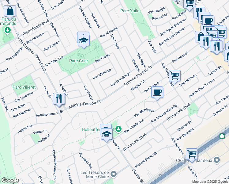 map of restaurants, bars, coffee shops, grocery stores, and more near 17780 Rue Antoine Faucon in Montreal