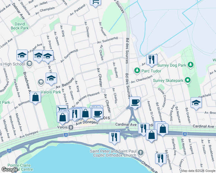map of restaurants, bars, coffee shops, grocery stores, and more near 47 Avenue de Mount Pleasant in Pointe-Claire