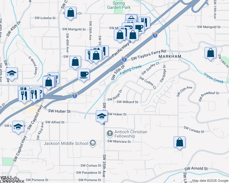 map of restaurants, bars, coffee shops, grocery stores, and more near 9730 Southwest 35th Avenue in Portland