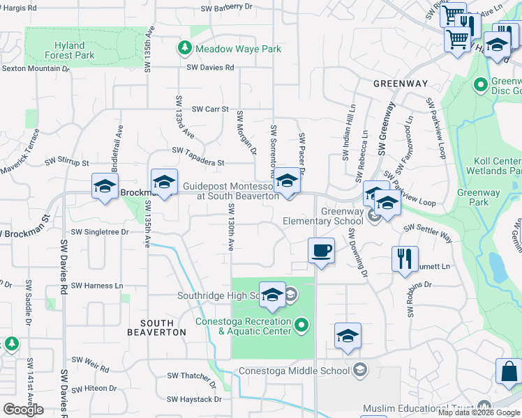 map of restaurants, bars, coffee shops, grocery stores, and more near 9060 Southwest 130th Avenue in Beaverton