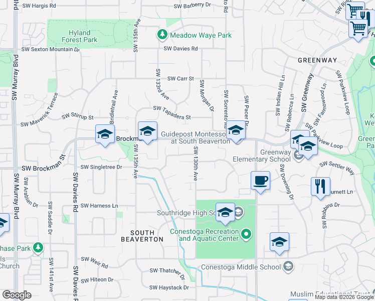 map of restaurants, bars, coffee shops, grocery stores, and more near 9025 Southwest 130th Avenue in Beaverton
