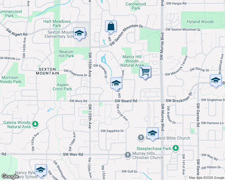 map of restaurants, bars, coffee shops, grocery stores, and more near 15200 Southwest Emerald Street in Beaverton