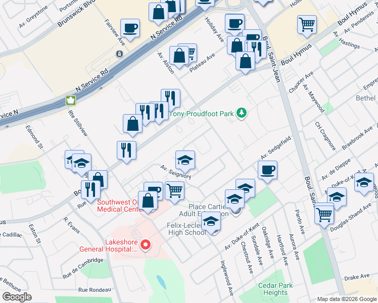 map of restaurants, bars, coffee shops, grocery stores, and more near 113 Avenue Brigadoon in Pointe-Claire