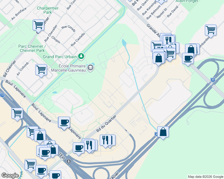 map of restaurants, bars, coffee shops, grocery stores, and more near 5505 Rue de Châteauneuf in Brossard