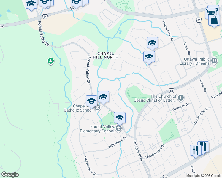 map of restaurants, bars, coffee shops, grocery stores, and more near 1645 Des Ravins Place in Ottawa