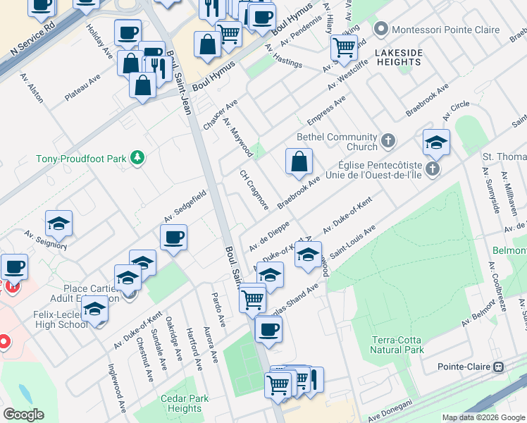 map of restaurants, bars, coffee shops, grocery stores, and more near 245 Avenue Braebrook in Pointe-Claire
