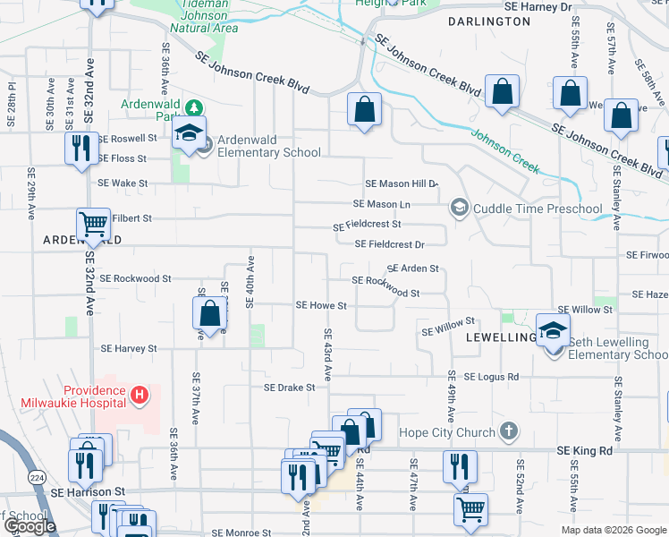 map of restaurants, bars, coffee shops, grocery stores, and more near 9523 Southeast 44th Court in Milwaukie