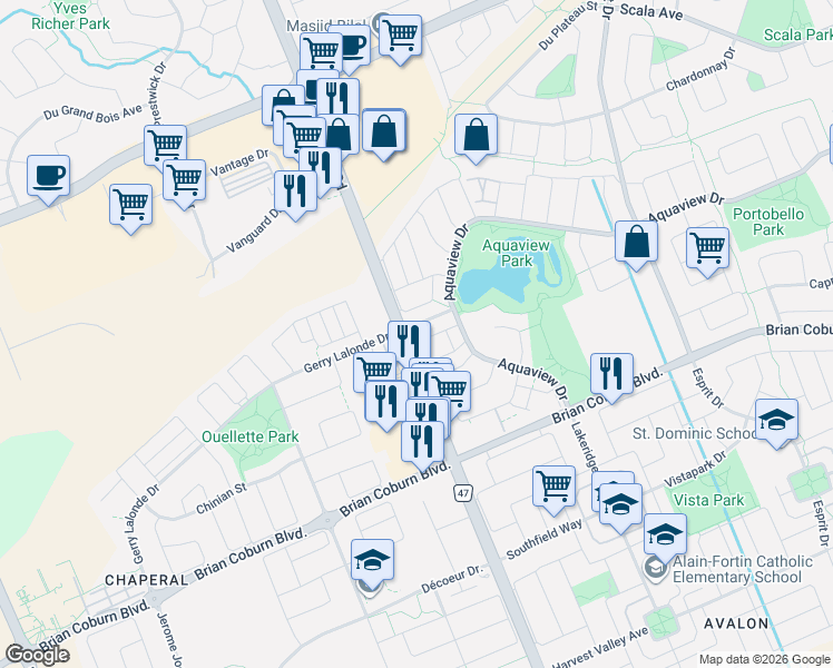map of restaurants, bars, coffee shops, grocery stores, and more near 16 Lakepointe Drive in Ottawa