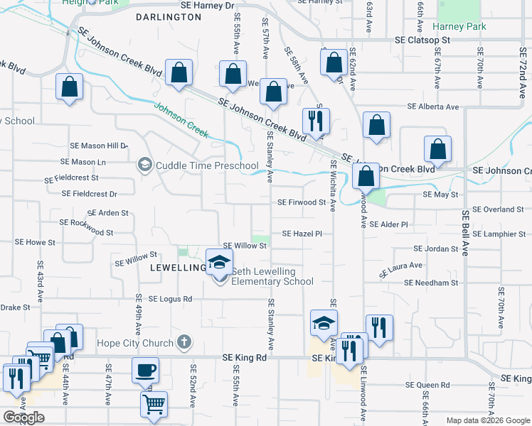 map of restaurants, bars, coffee shops, grocery stores, and more near 5640 Southeast Firwood Street in Milwaukie
