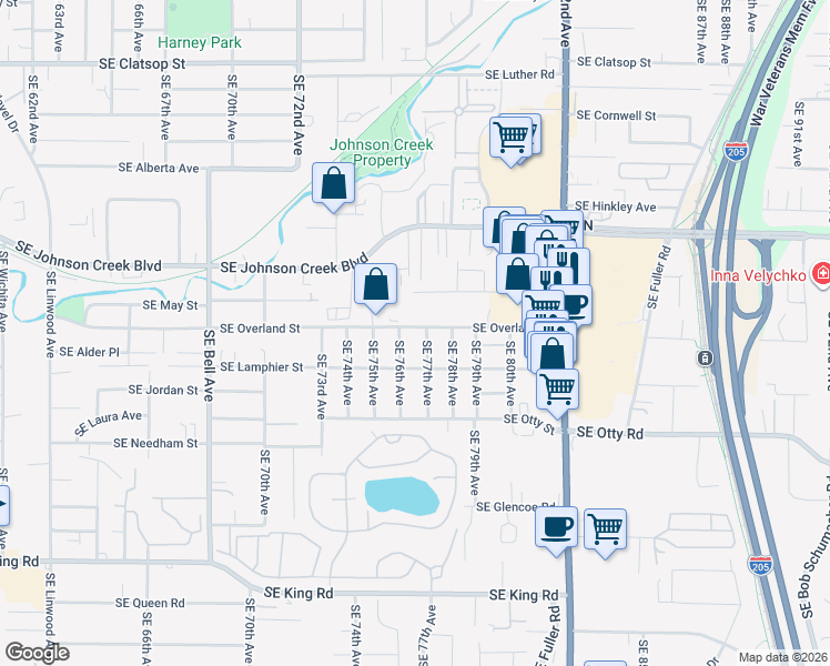 map of restaurants, bars, coffee shops, grocery stores, and more near 7709 Southeast Overland Street in Milwaukie