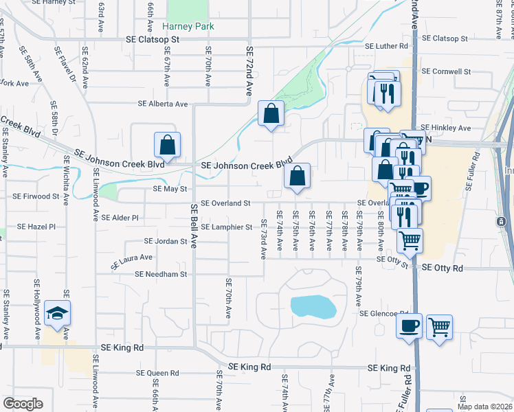 map of restaurants, bars, coffee shops, grocery stores, and more near 9511 Southeast 73rd Avenue in Milwaukie