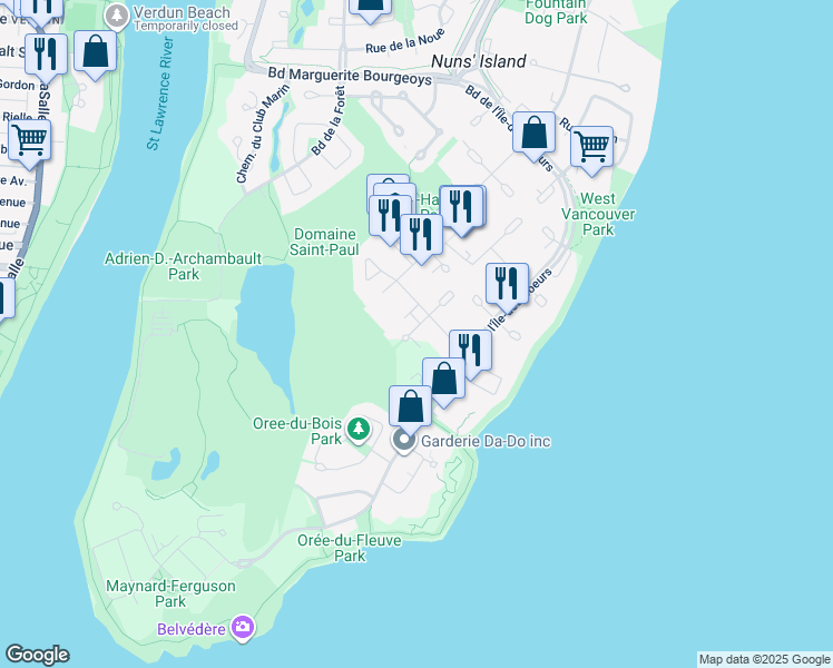 map of restaurants, bars, coffee shops, grocery stores, and more near 700 Rue de Gaspé in Montréal