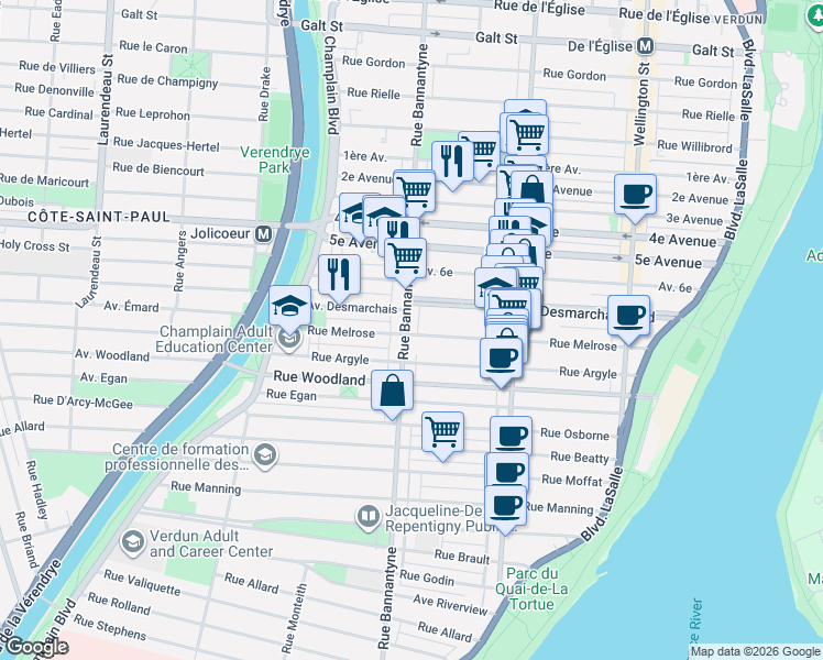 map of restaurants, bars, coffee shops, grocery stores, and more near 5290 Rue Bannantyne in Montreal