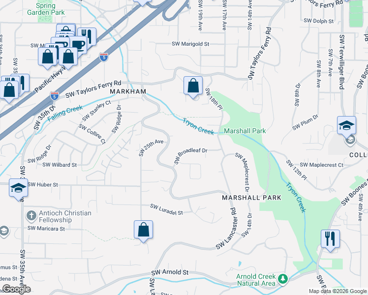 map of restaurants, bars, coffee shops, grocery stores, and more near 1933 Southwest Broadleaf Drive in Portland