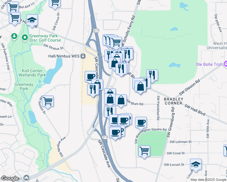 map of restaurants, bars, coffee shops, grocery stores, and more near in Tigard