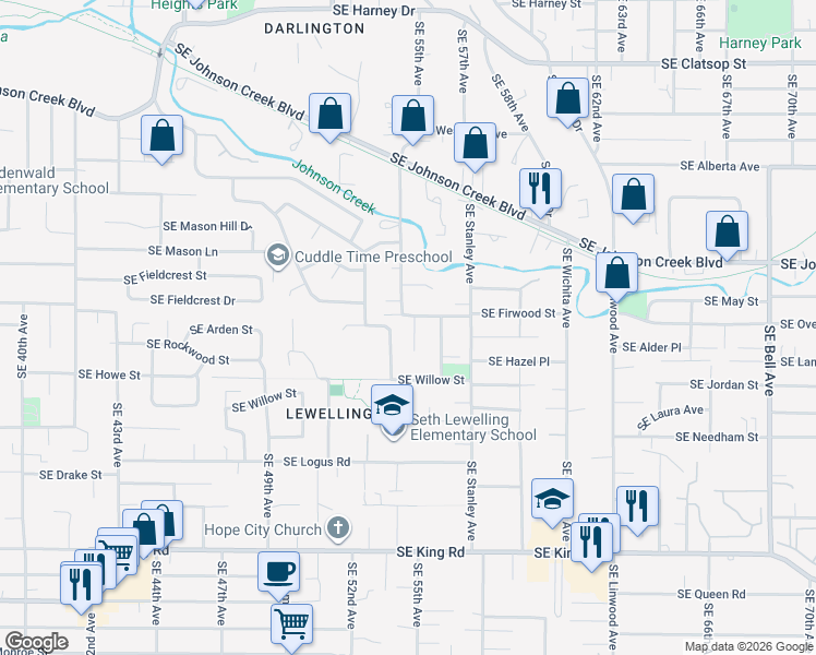 map of restaurants, bars, coffee shops, grocery stores, and more near 5410 Southeast Firwood Street in Milwaukie