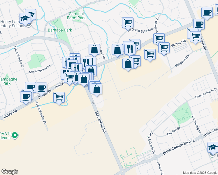 map of restaurants, bars, coffee shops, grocery stores, and more near 2035 Mer-Bleue Road in Ottawa