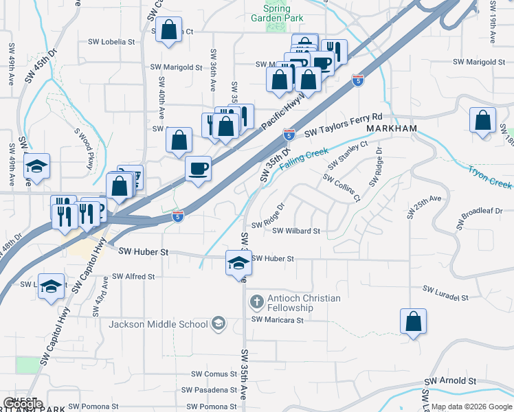 map of restaurants, bars, coffee shops, grocery stores, and more near 9730 Southwest 35th Avenue in Portland