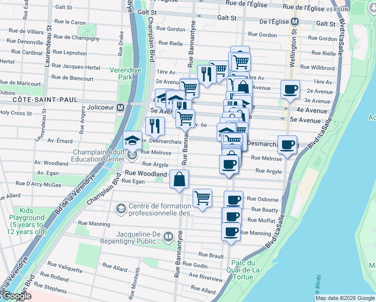 map of restaurants, bars, coffee shops, grocery stores, and more near 5290 Avenue Bannantyne in Montréal