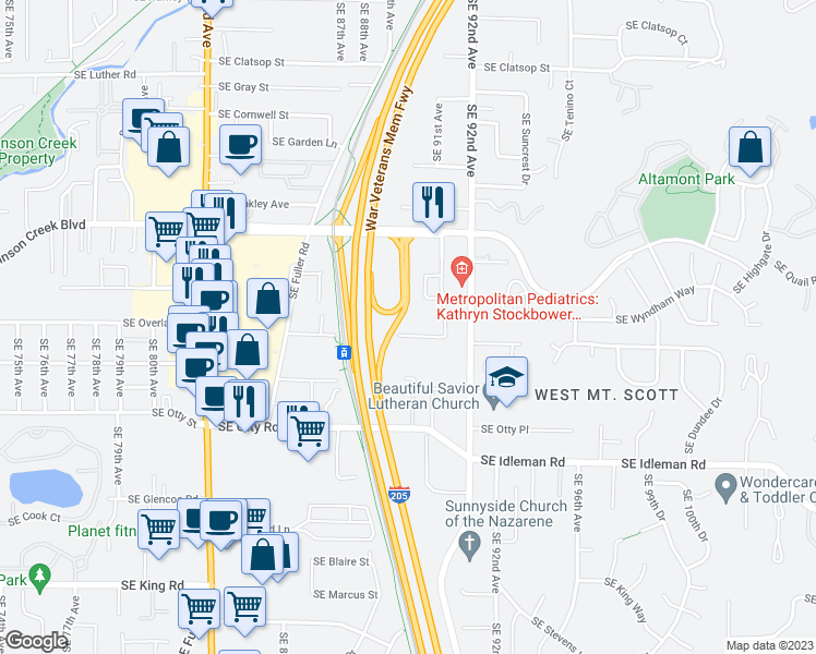 map of restaurants, bars, coffee shops, grocery stores, and more near 8909 Southeast Con Battin Road in Happy Valley