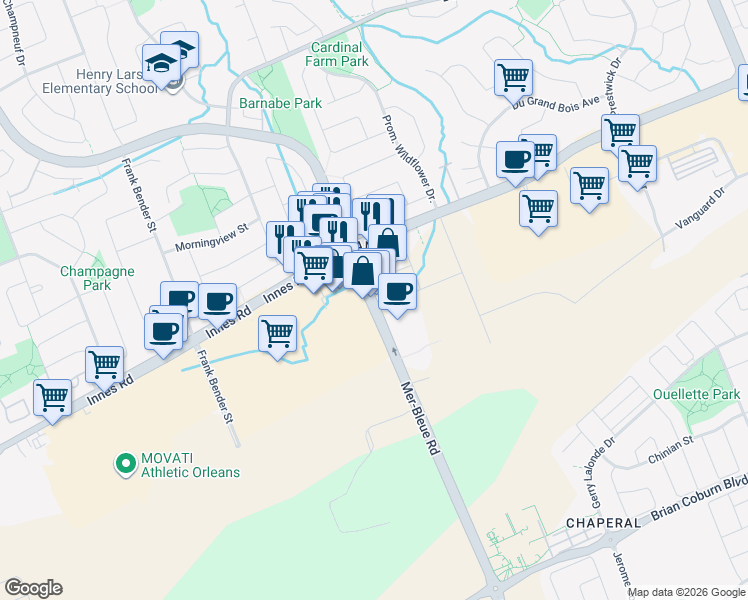 map of restaurants, bars, coffee shops, grocery stores, and more near Mer-Bleue Road in Ottawa