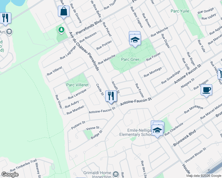 map of restaurants, bars, coffee shops, grocery stores, and more near 4441 Avenue du Château Pierrefonds in Montréal
