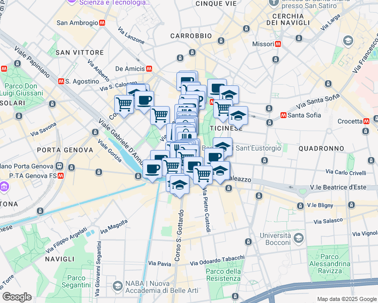 map of restaurants, bars, coffee shops, grocery stores, and more near 2-22 Via Scaldasole in Milan