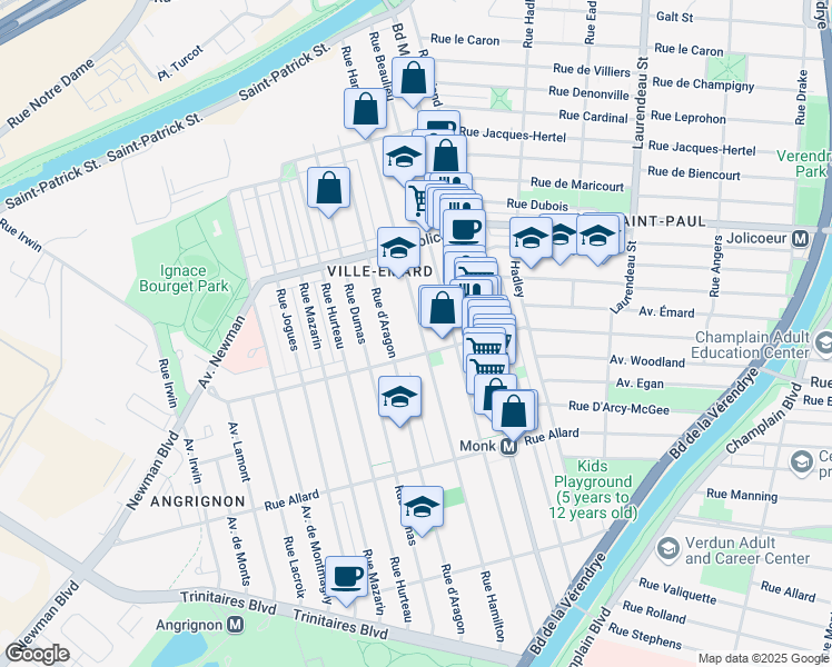 map of restaurants, bars, coffee shops, grocery stores, and more near 6393 Rue Hamilton in Montréal