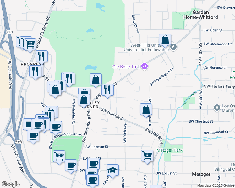 map of restaurants, bars, coffee shops, grocery stores, and more near 9100 Southwest 91st Avenue in Portland