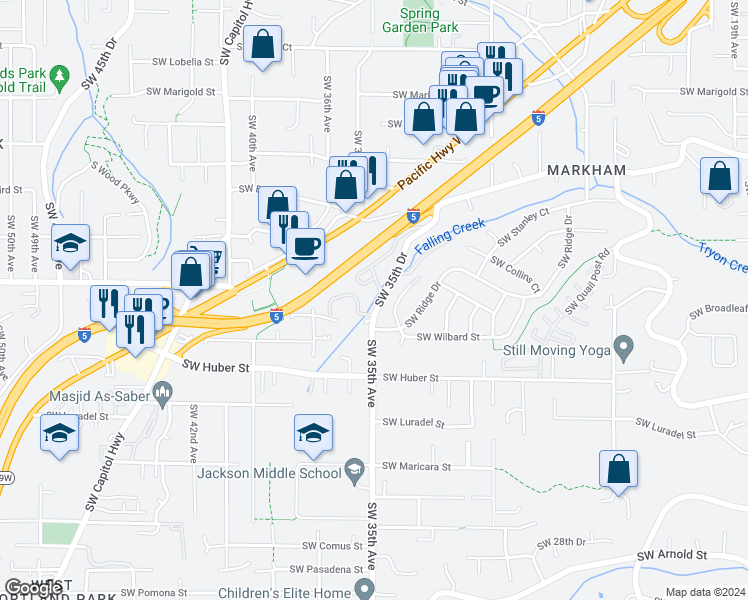 map of restaurants, bars, coffee shops, grocery stores, and more near 9877 Southwest 35th Avenue in Portland