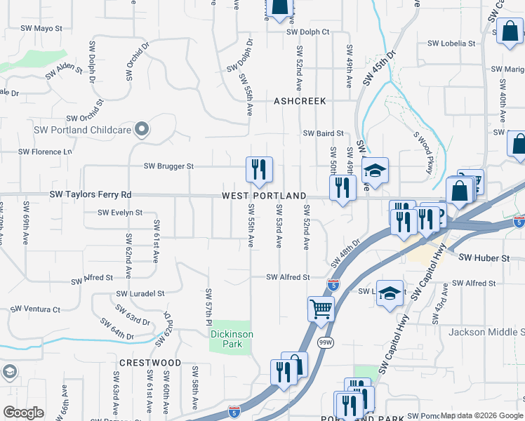 map of restaurants, bars, coffee shops, grocery stores, and more near 5420 Southwest Taylors Ferry Road in Portland