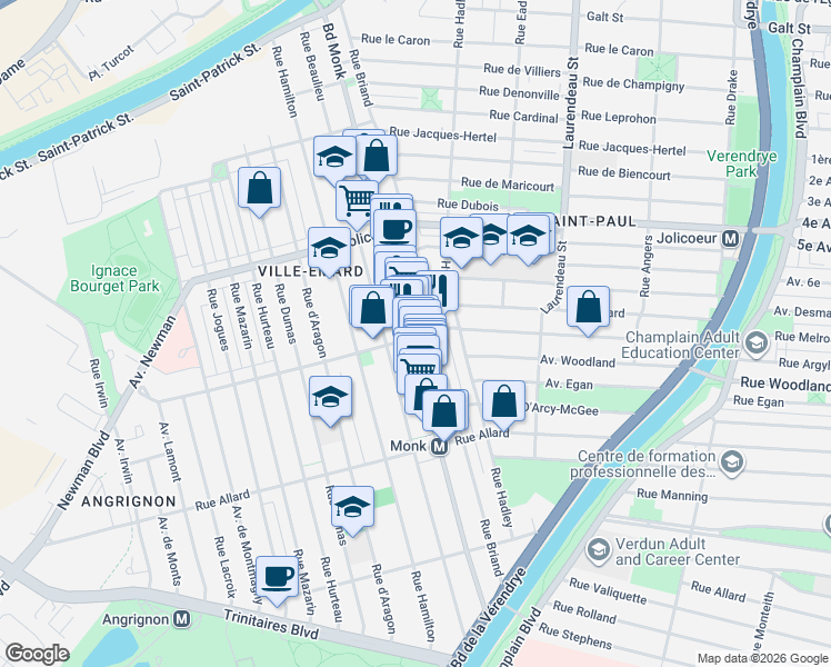 map of restaurants, bars, coffee shops, grocery stores, and more near 6454 Boulevard Monk in Montréal
