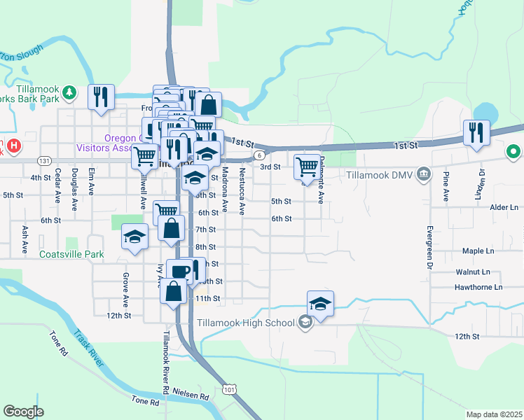 map of restaurants, bars, coffee shops, grocery stores, and more near 2411 5th Street in Tillamook