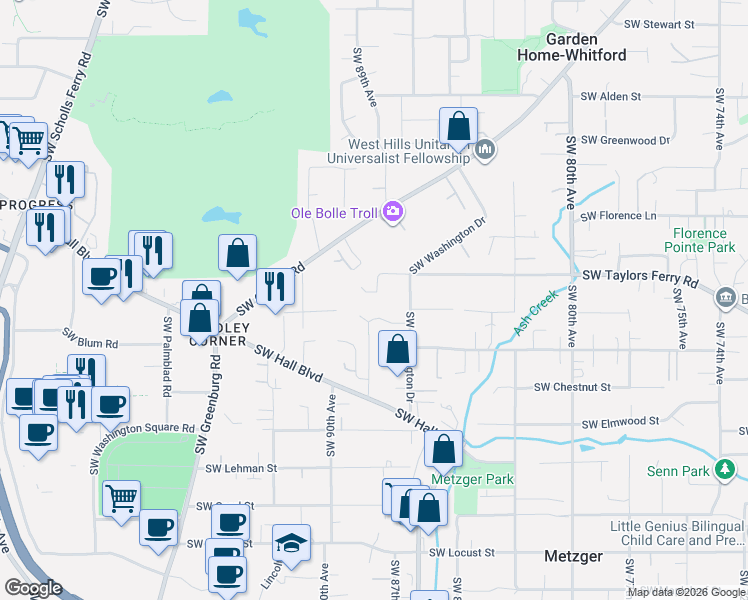 map of restaurants, bars, coffee shops, grocery stores, and more near 8735 Southwest Bomar Court in Tigard