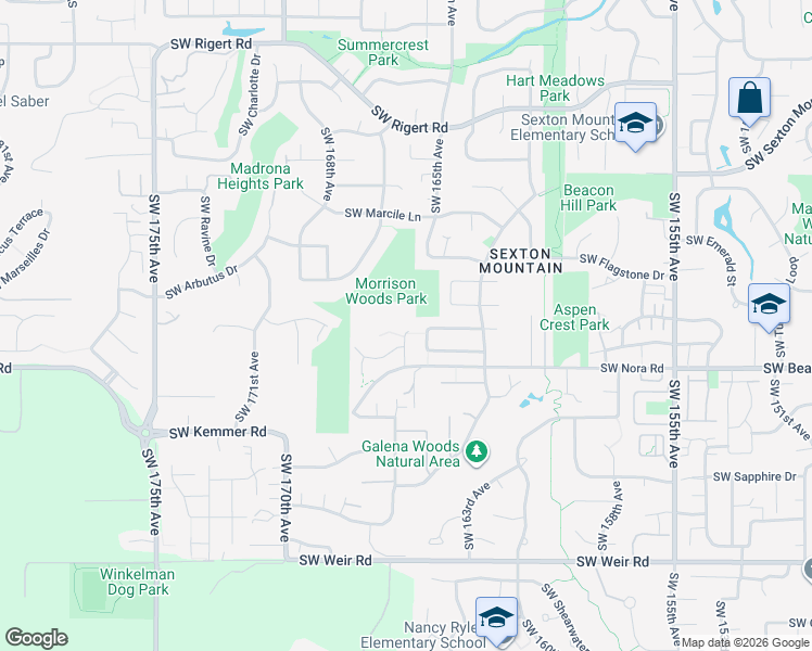 map of restaurants, bars, coffee shops, grocery stores, and more near 9115 Northwest 166th Avenue in Beaverton