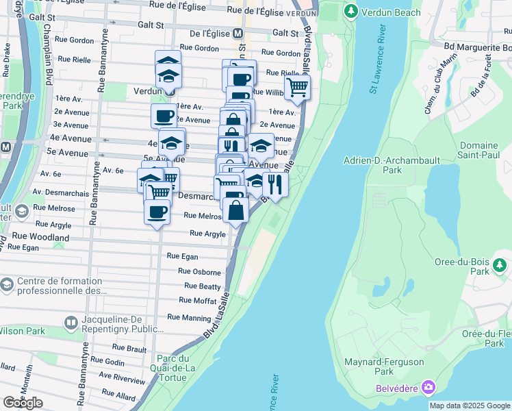 map of restaurants, bars, coffee shops, grocery stores, and more near 5200 Boulevard LaSalle in Montréal