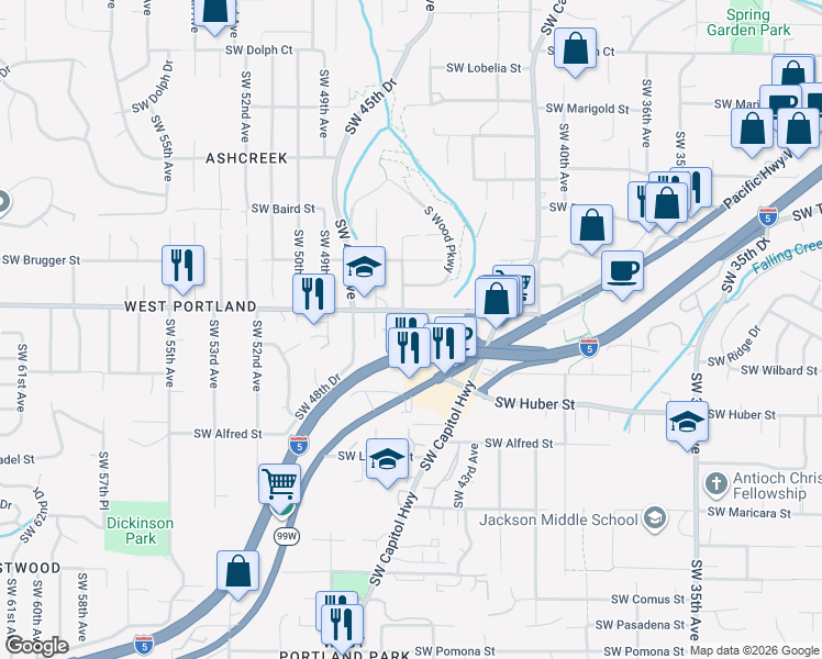 map of restaurants, bars, coffee shops, grocery stores, and more near 4542 Southwest Taylors Ferry Road in Portland