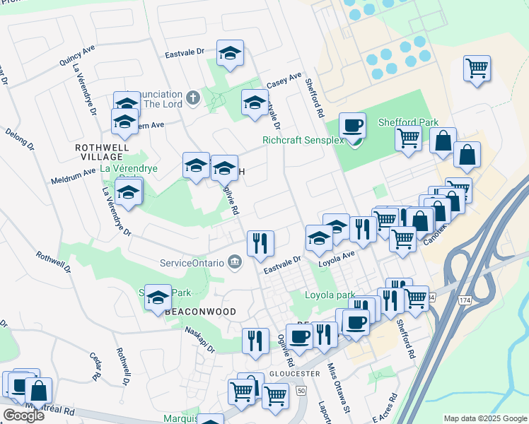 map of restaurants, bars, coffee shops, grocery stores, and more near 2137 Grafton Crescent in Ottawa